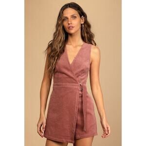 NWT Lulus Absolutely Cute Mauve Pink Corduroy Faux-wrap Skort Romper - Size S